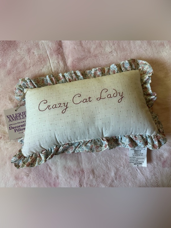 Valerie & Amelia Other - Cream "Crazy Cat Lady" Embroidered Accent Pillow with Floral Ruffle